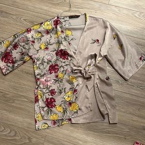 Zara Floral Wrap Blouse in Beige, Yellow & Red